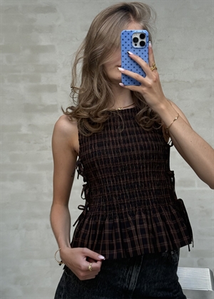 Yarn dyed check smocked tie string top Cappuccino A1040421 Ganni 